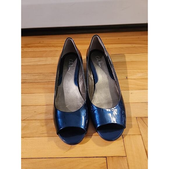 Cole Haan Blue Metallic Patent Leather Peep Toe Wedge 8B Air - Picture 2 of 8